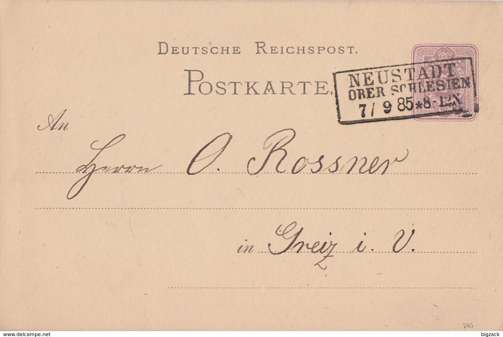 DR Ganzsache R3 Neustadt Oberschlesien 7.9.85 Gel. Nach Greiz - Briefe U. Dokumente