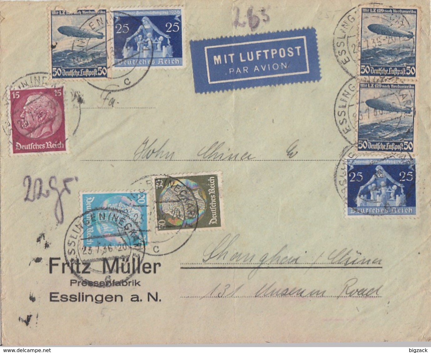 DR Brief Luftpost Mif Minr.520,521,523,3x 606,2x 620 Esslingen 23.7.36 Gel. Nach China - Brieven En Documenten