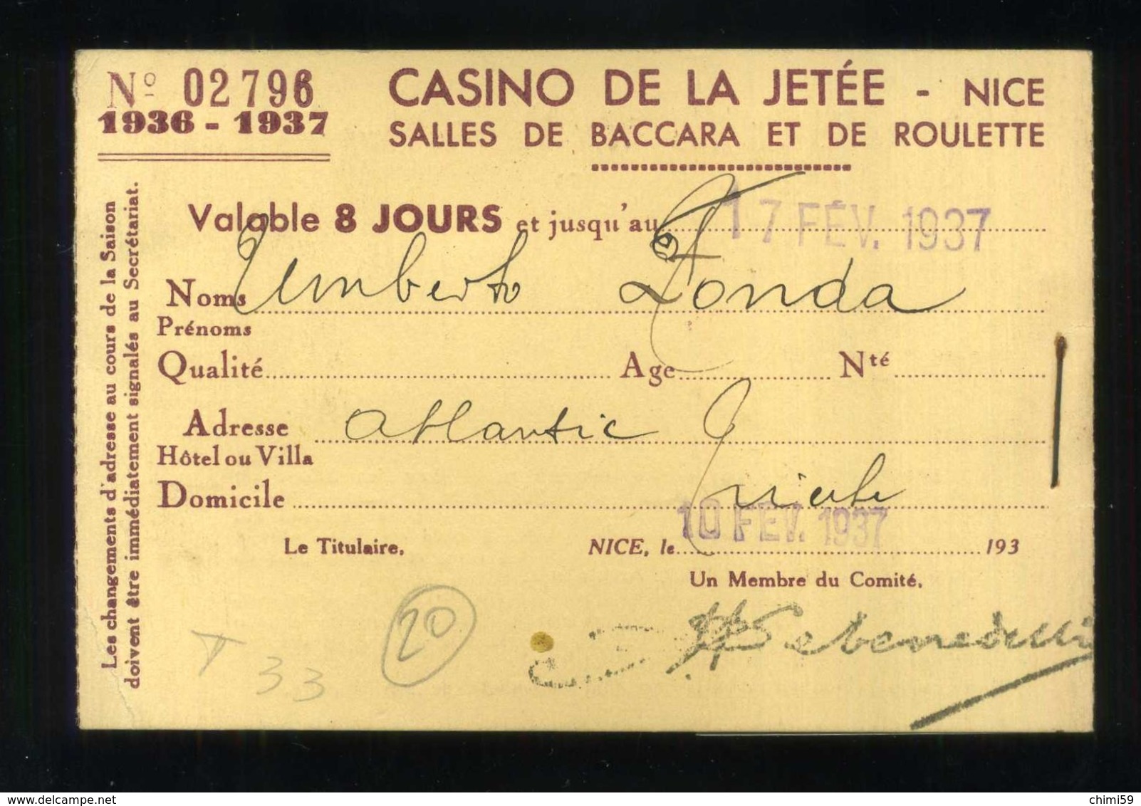 1937 TITRE D'ENTREE - CASINO' DE LA JETEE - NICE BIGLIETTO D'INGRESSO CARTA BIGLIETTO TICKET CARTE BILLET - Tickets D'entrée