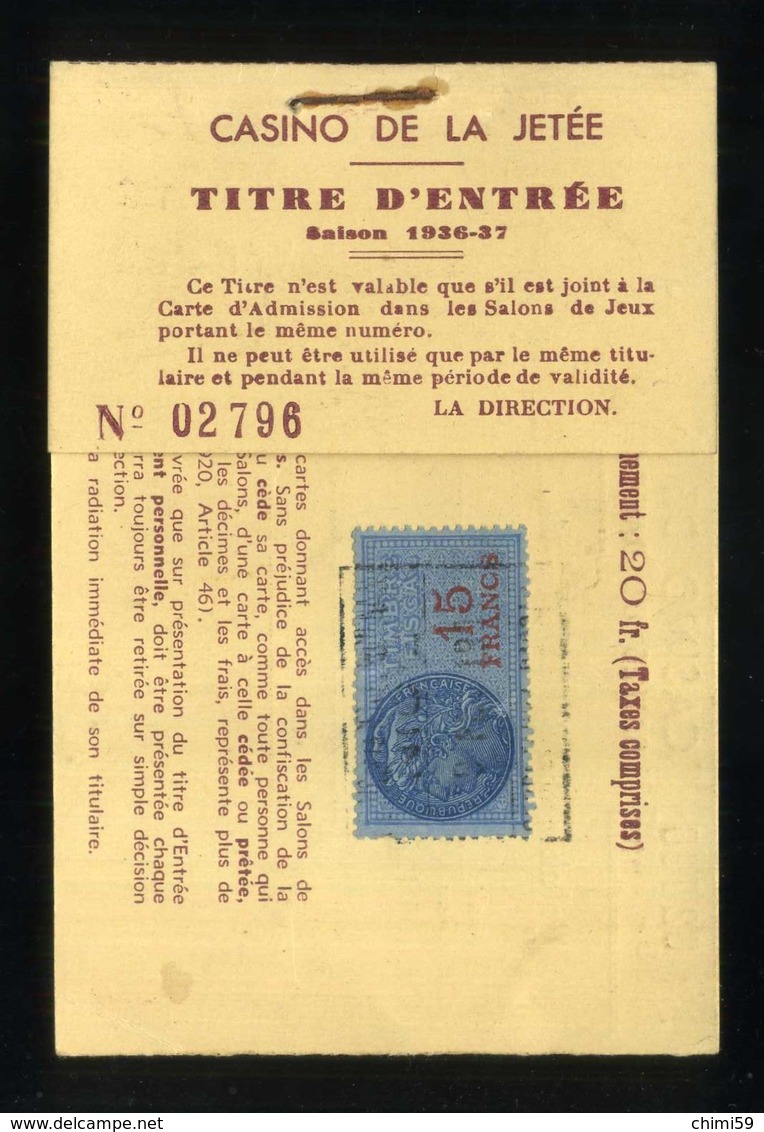 1937 TITRE D'ENTREE - CASINO' DE LA JETEE - NICE BIGLIETTO D'INGRESSO CARTA BIGLIETTO TICKET CARTE BILLET - Tickets D'entrée