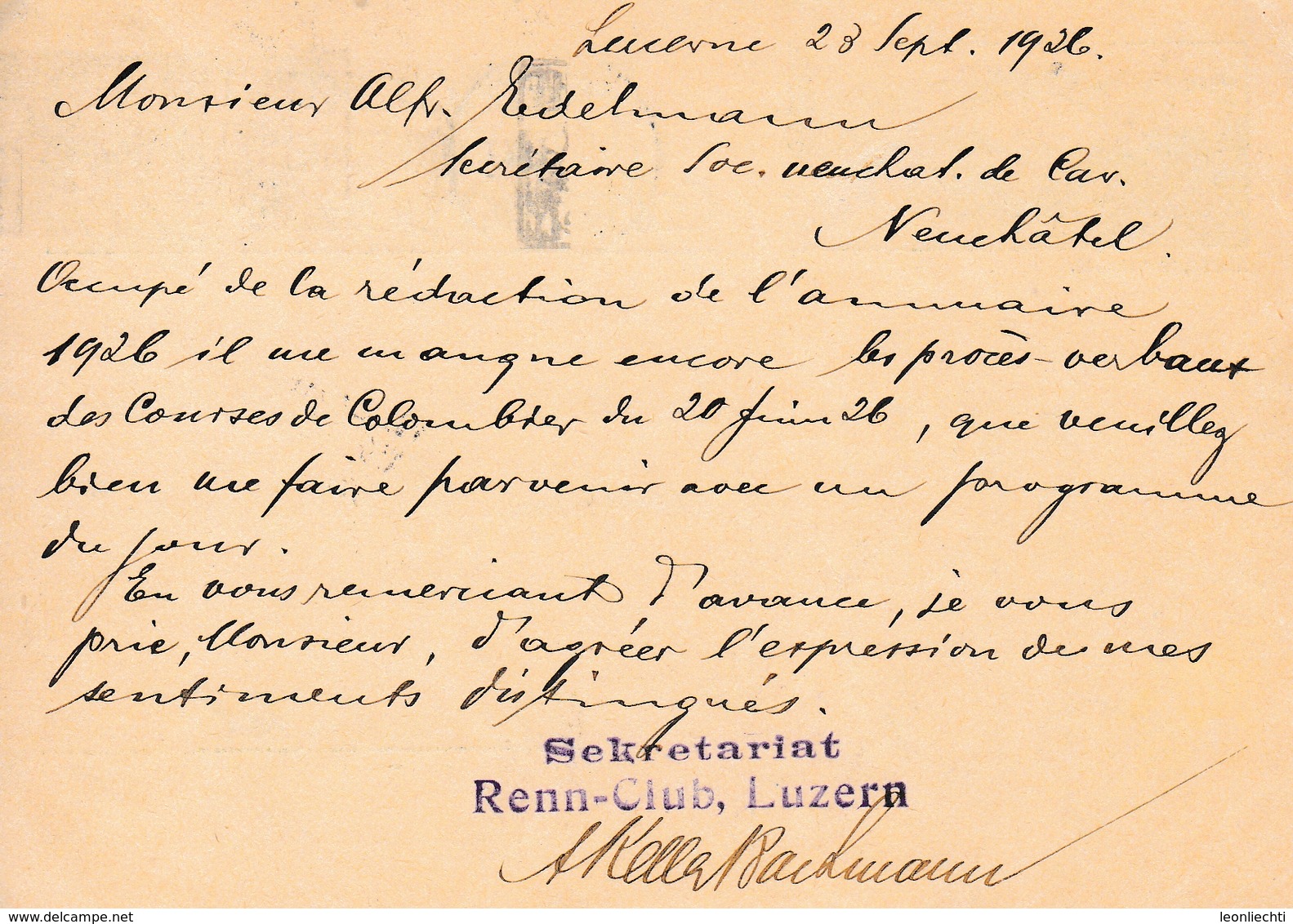 Bild-Postkarte Arosa,  Gelaufen Von Luzern Nach Neuchatel Am 24.IX.1926. Skretariat Renn-Club Luzern - Entiers Postaux