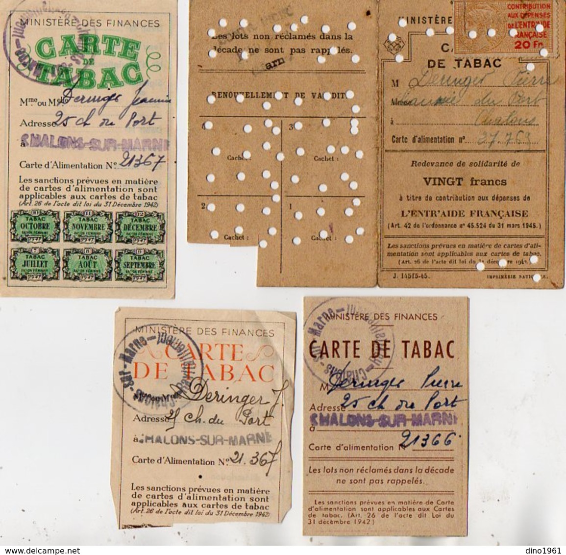 VP12.470 - TABAC - Carte De Tabac X 4 - Mr DERINGER à CHALONS SUR MARNE - Documents