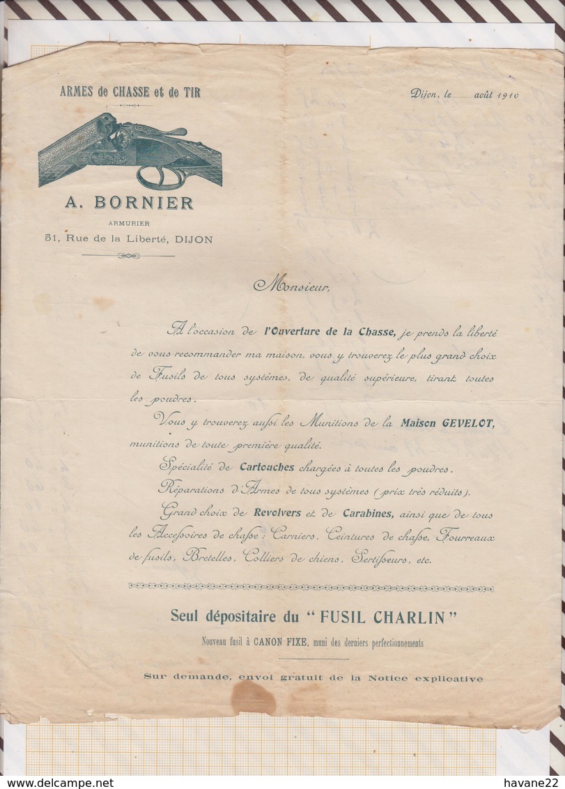 8/102 Lettre Facture BORNIER DIJON ARMES DE CHASSE ET DE TIR / 1910 - 1900 – 1949