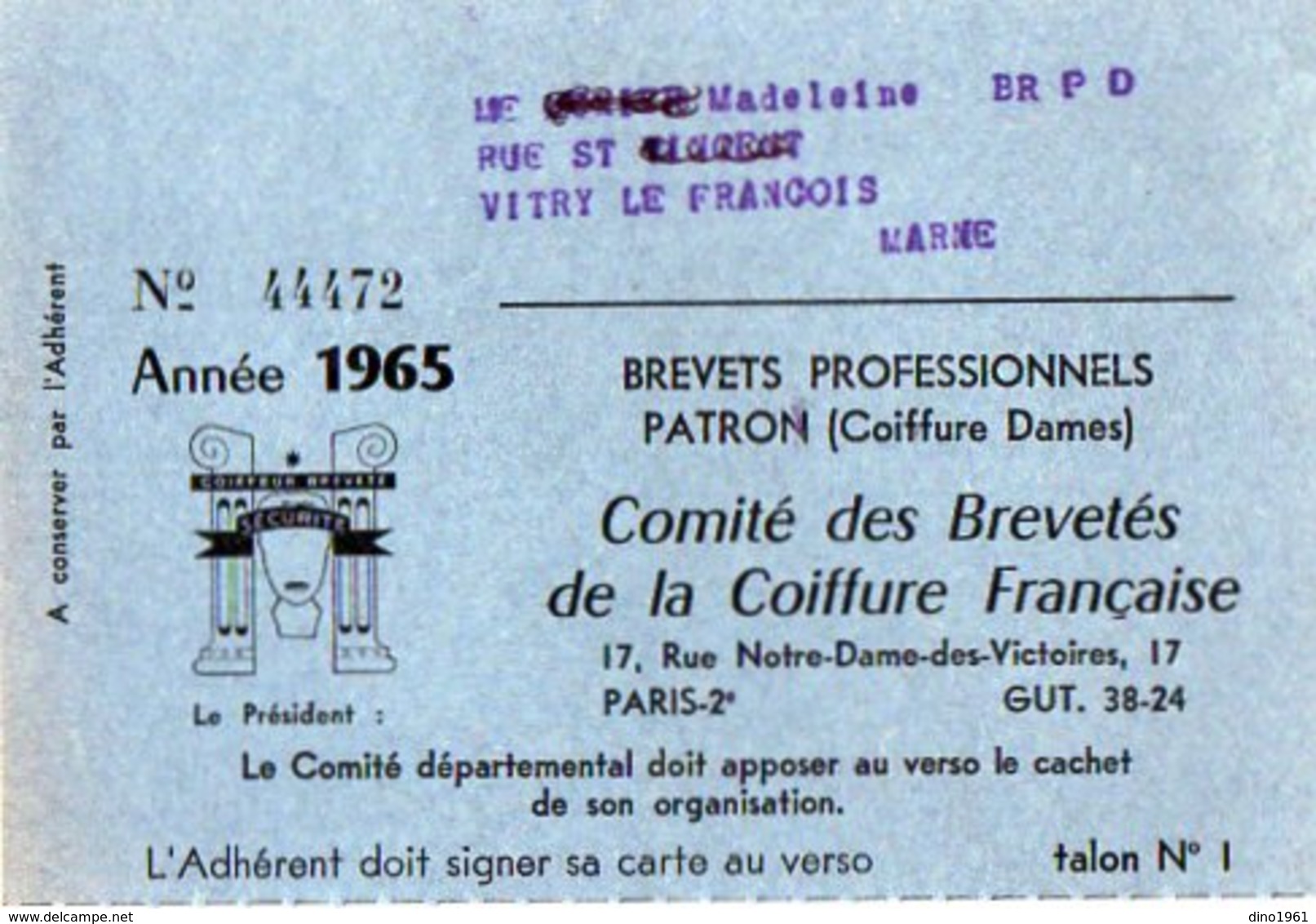VP12.473 - Carte - PARIS 1965 - Comité Des Brevetés De La Coiffure Française - Section De La Marne REIMS - Autres & Non Classés