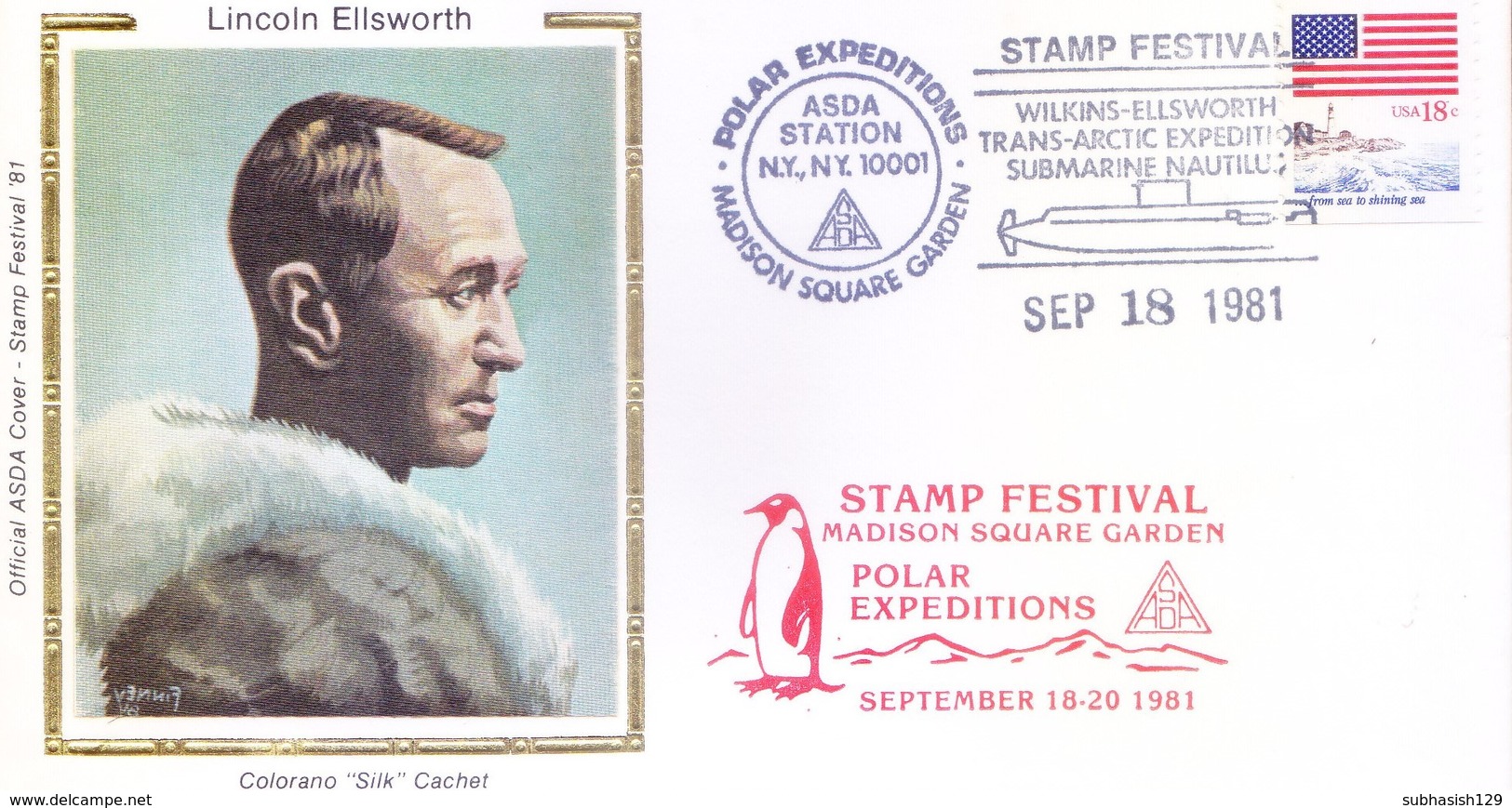 UNITED STATES OF AMERICA : SPECIAL COVER : STAMP FESTIVAL 1981 : LINCOLN ELLSWORTH, SILK CACHET, POLAR EXPEDITION - Covers & Documents