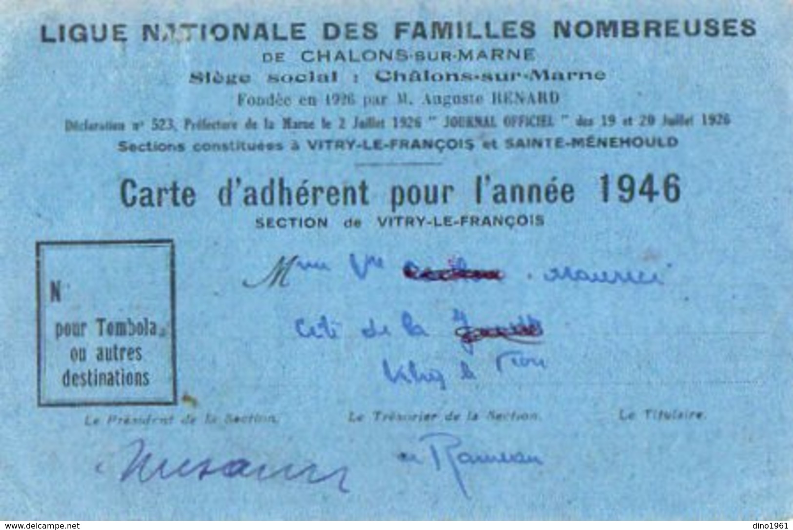 VP12.474 -  Ligue Nationale Des Familles Nombreuses - CHALONS SUR MARNE - Carte D'Adhérent Section De VITRY LE FRANCOIS - Autres & Non Classés