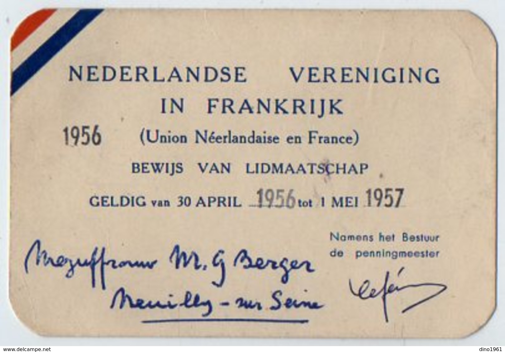 VP12.475 - PARIS 1956 / 57 - Carte - NEDERLANDE VERENIGING IN FRANKRIJK - Union Néerlandaise En France - Autres & Non Classés