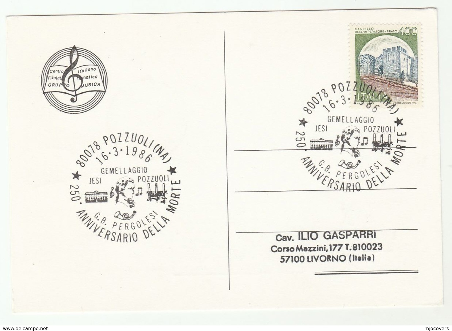 1986 Pozzuoli PERGOLESI  Death 250th Anniv EVENT COVER Card ITALY Stamps Music - 1971-80: Marcophilia