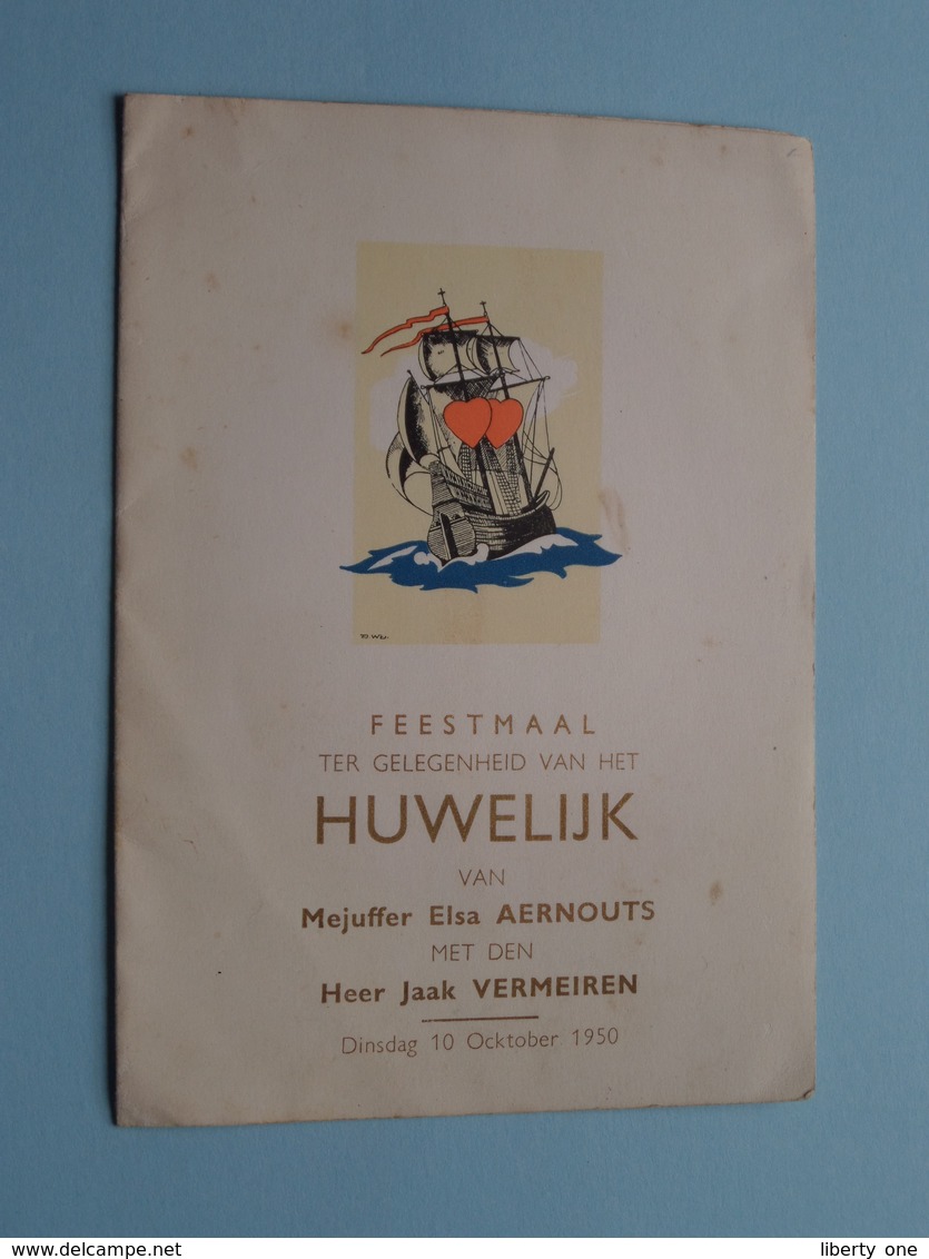 Huwelijk Van Elsa AERNOUTS & Jaak VERMEIREN - 10 Oktober 1950 / Feestmaal ( Details - Zie Foto ) De Perel ! - Menus