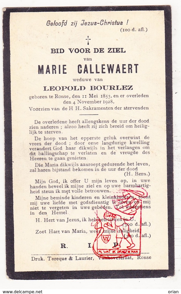 DP Marie Callewaert ° Ronse Renaix 1853 † 1928 X Leopold Bourlez - Devotion Images