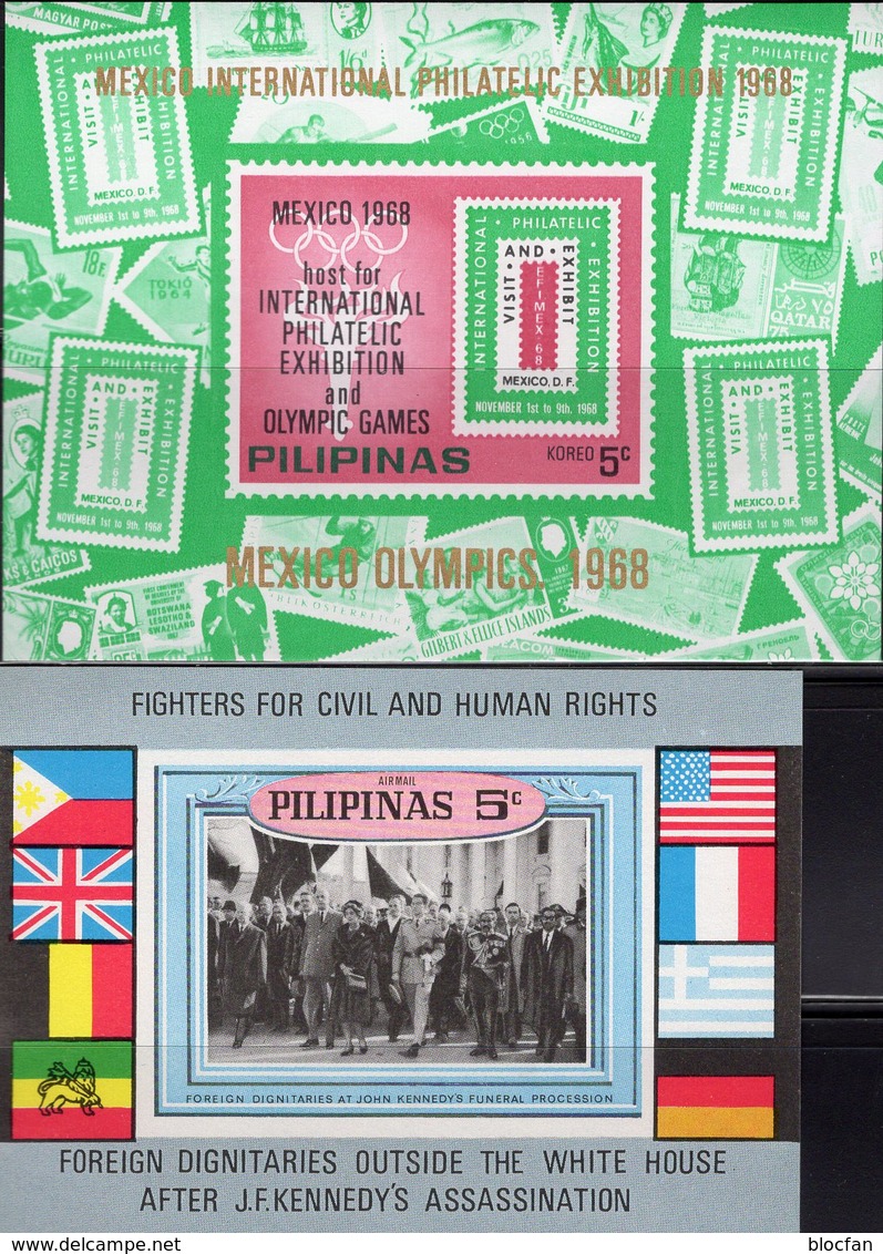 Olympiade Mexiko 1968 Filipinas Block I+III ** 18€ US-Präsident Kennedy Bloc Philatelic Olympic Sheets Bf Pilipinas - Philippines