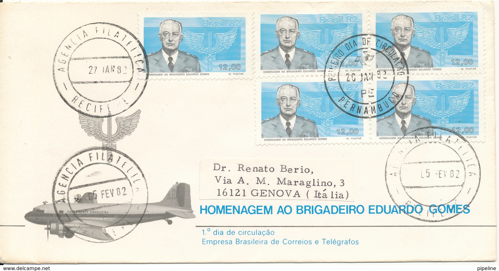 Brazil FDC 20-1-1982  Uprated And Sent To Italy With Cachet - FDC