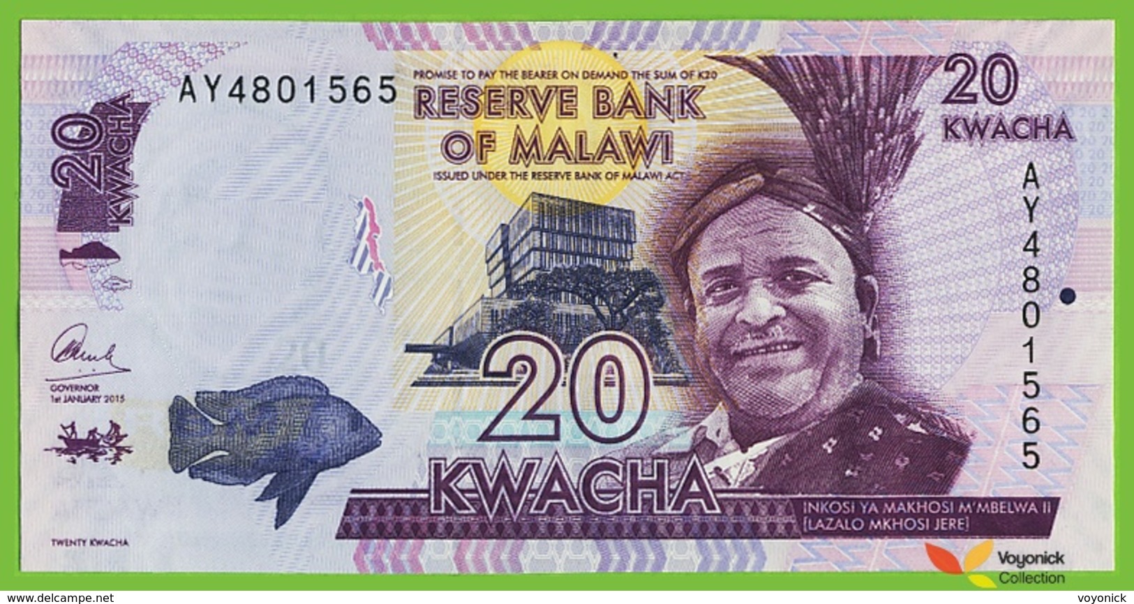 Voyo MALAWI 20 Kwacha 2015 P63b B158b AY UNC Education - Malawi