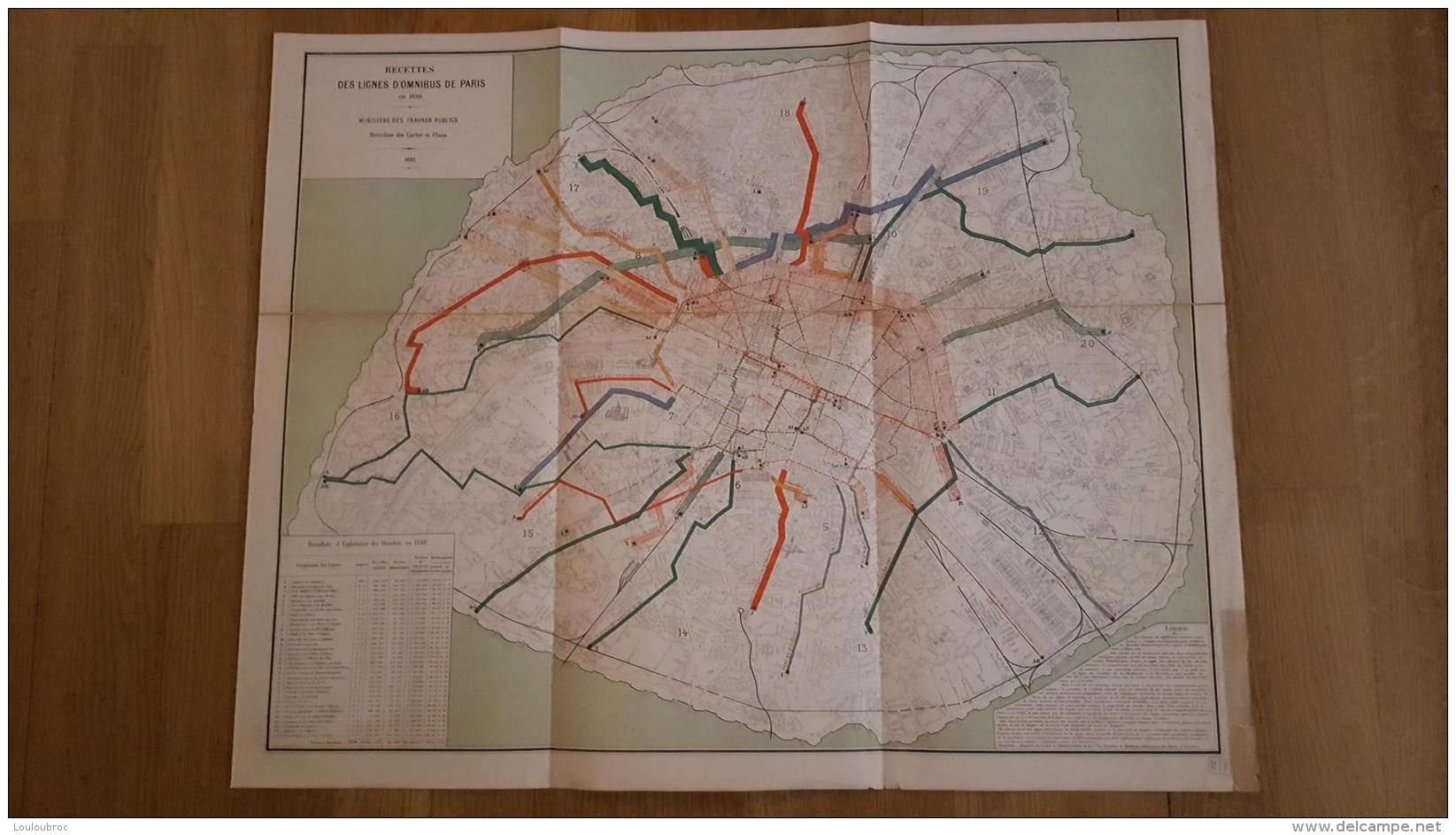 PLAN RECETTES DES LIGNES D'OMNIBUS DE PARIS EN 1880  PARFAIT ETAT  69 X 54 CM - Autres & Non Classés