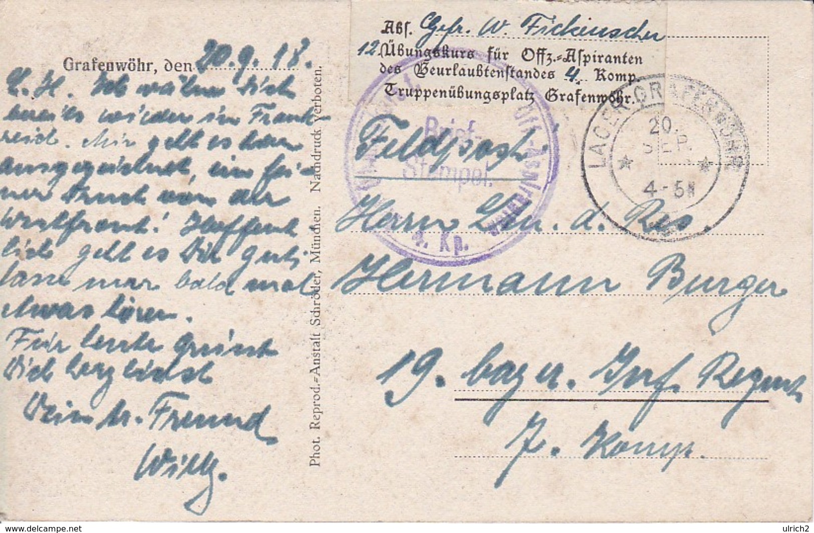 AK Grafenwöhr - Kirche - Feldpost 12. Übungskurs Für Offz.-Aspiranten Des Beurlaubtenstandes - 1918 (35440) - Grafenwoehr