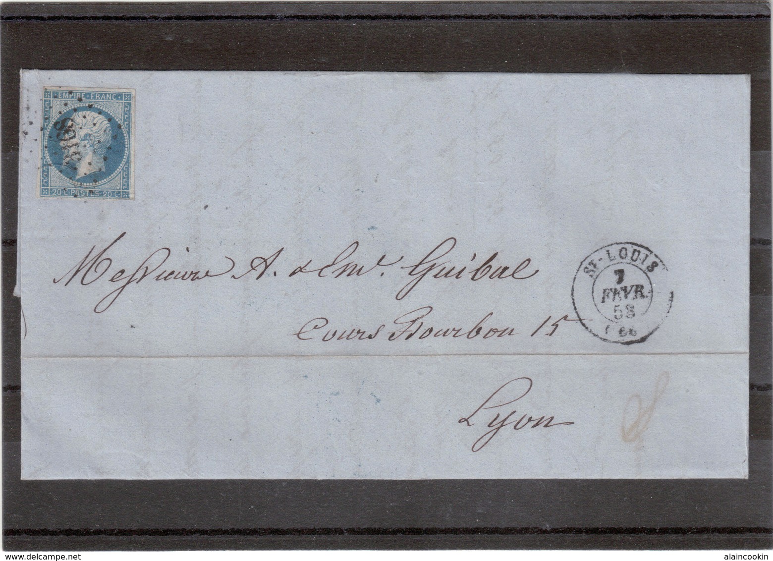 CP69 - Lettre Avec Yvert 14 Oblitéré " Petits Chiffres " 3168 De St Louis Du 7 FEVR 58 Pour Lyon. - 1862 Napoléon III