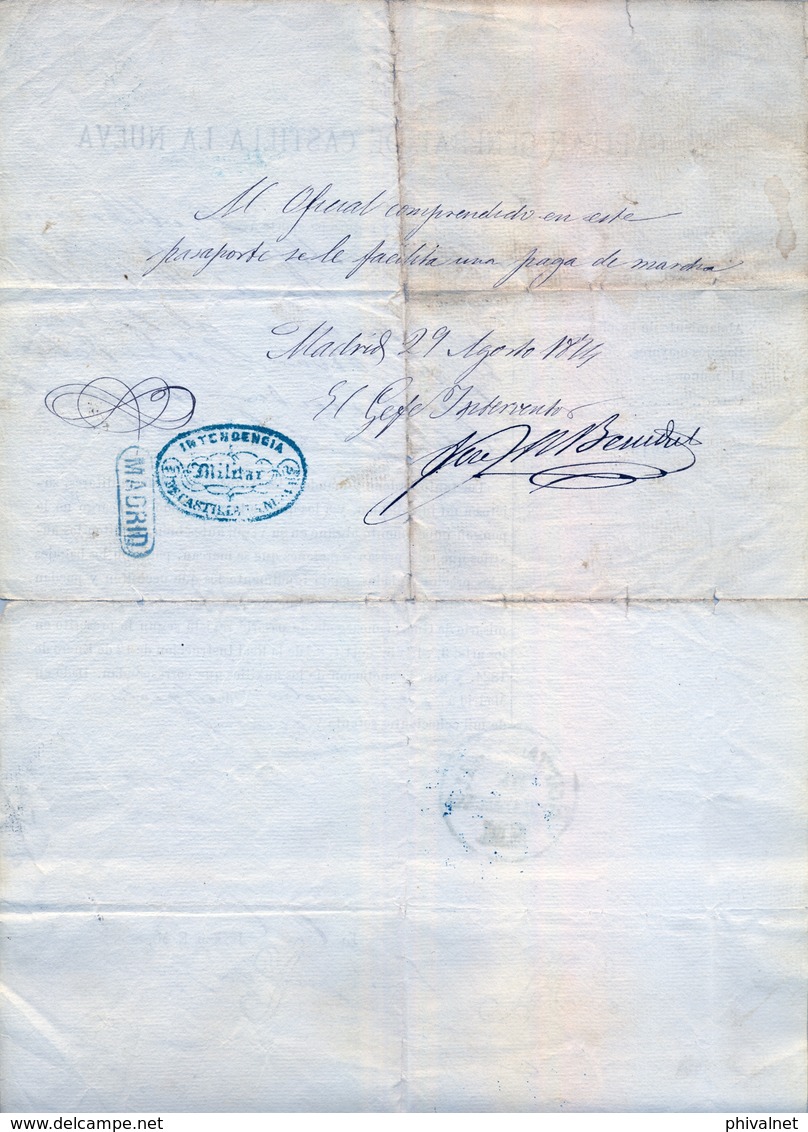 1874 , MADRID , EL CAPITÁN GENERAL DE CASTILLA LA NUEVA , PASAPORTE PARA UN ALFEREZ DE INFANTERIA CON DESTINO VALLADOLID - Documentos Históricos