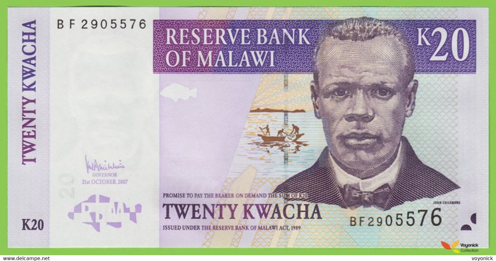 Voyo MALAWI 20 Kwacha 2007 P52d B143e UNC Prefix BF Tea Harvest - Malawi