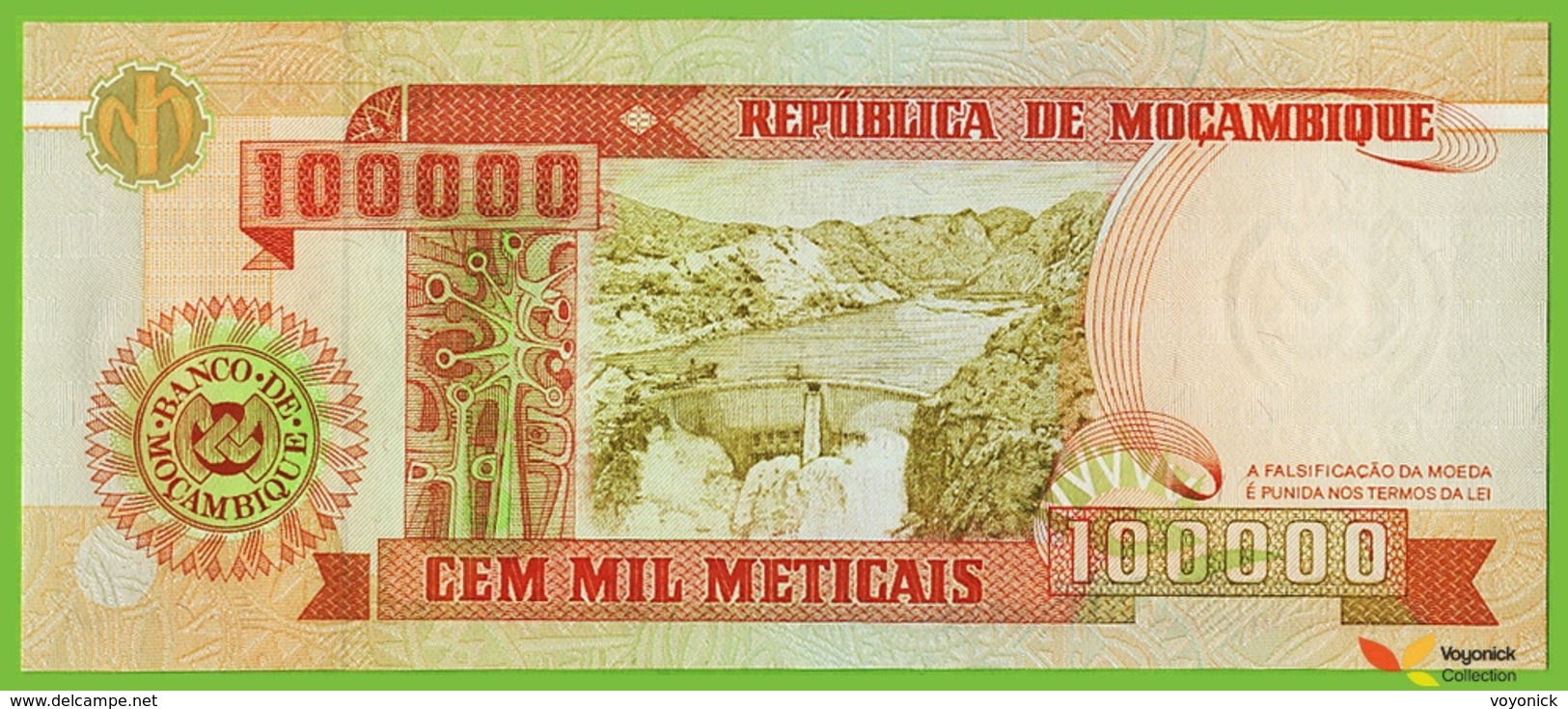 Voyo MOZAMBIQUE 100000 Meticais 1993(1995) P139 B225a FE UNC Cabora Bassa Dam - Mozambique