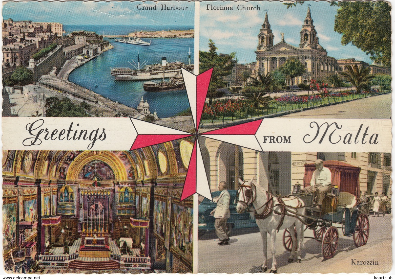 Greetings From Malta: Karozzin, Grand Harbour, Floriana Church, St. John's Cathedral - (1958) - Malta