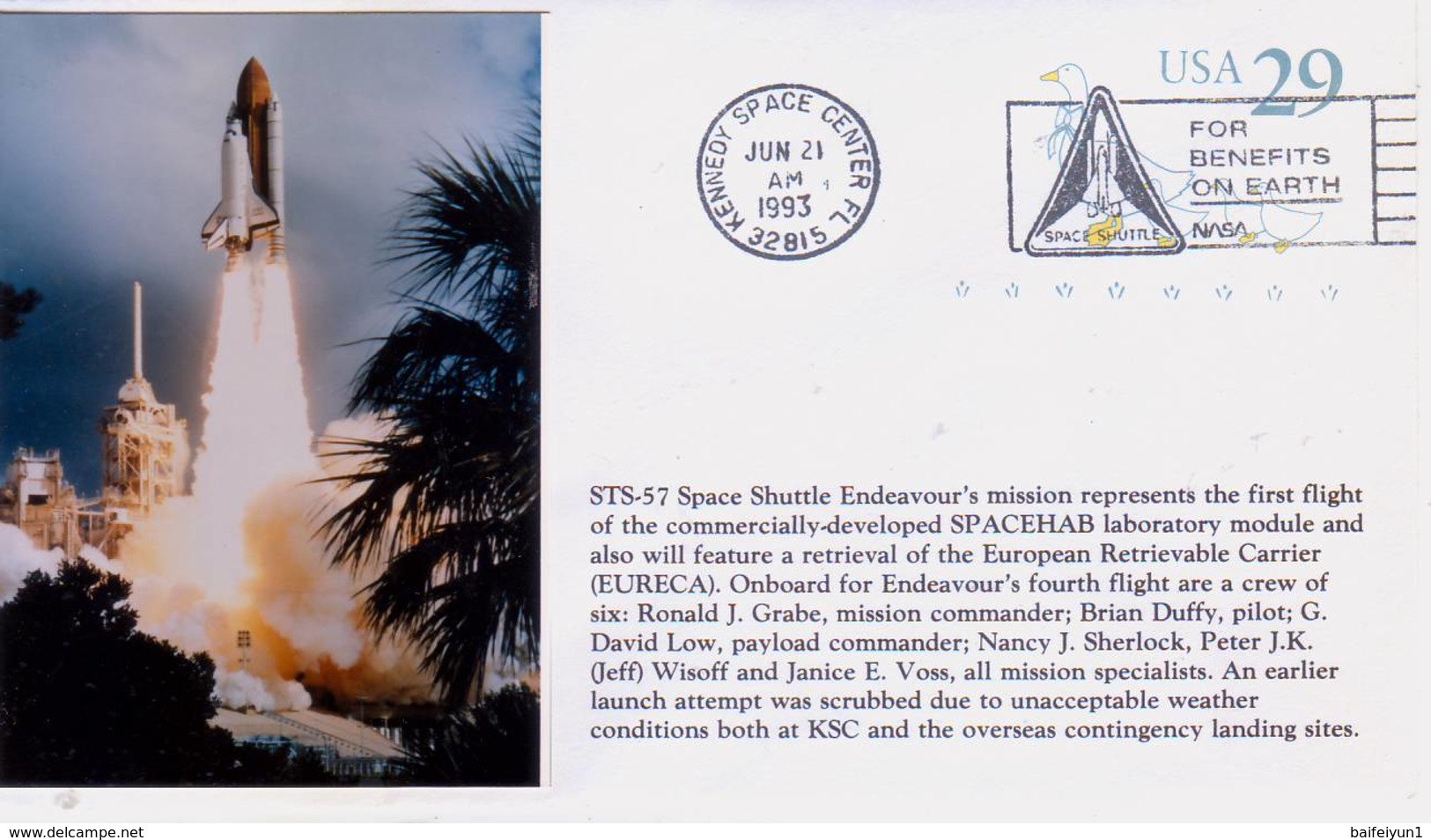 1993 USA Space Shuttle Endeavour STS-57 Launched Commemorative Cover - North  America