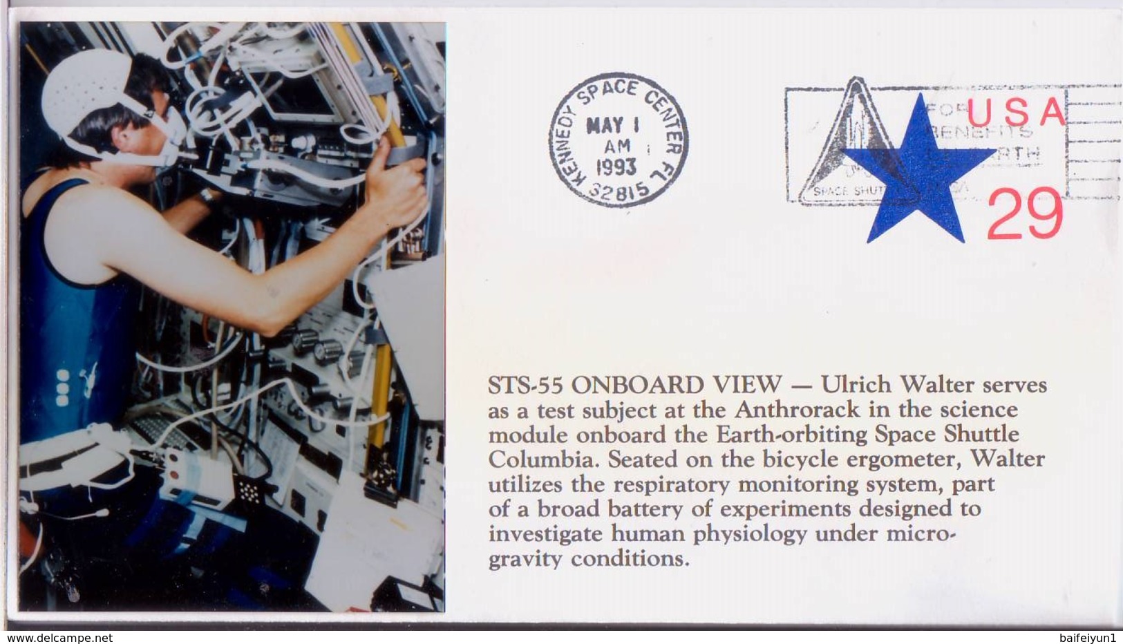 1993 USA Space Shuttle Columbiar STS-55 Onboard View Ulrich Walter Commemorative Cover - America Del Nord