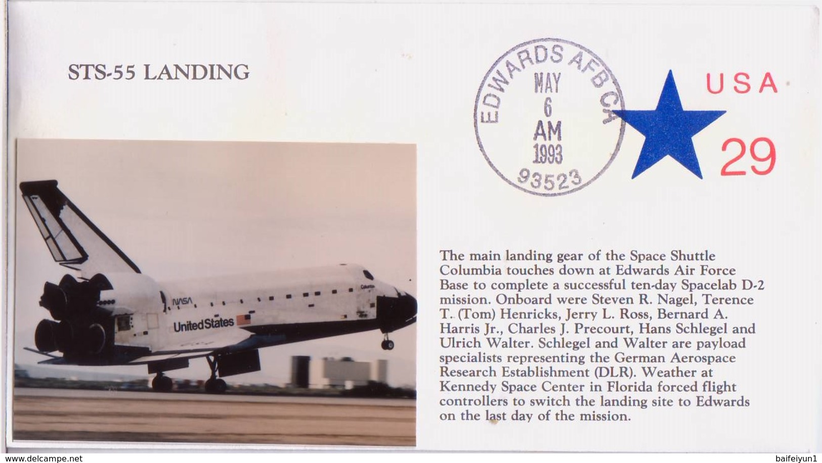 1993 USA Space Shuttle Columbiar STS-55 Landing Commemorative Cover - North  America