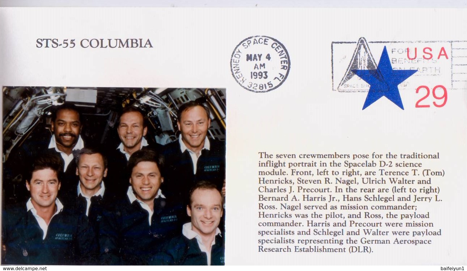 1993 USA Space Shuttle Columbiar STS-55 Seven Crewmembers Commemorative Cover - America Del Nord