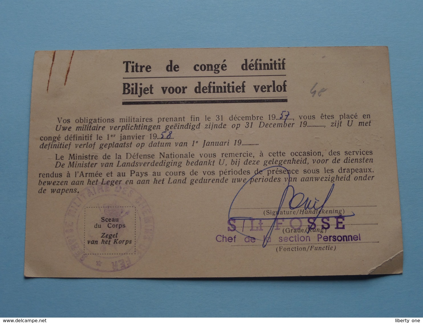 Biljet Voor DEFINITIEF Verlof - Titre De Congé Définitif ( Cantraine / Casteau ) 1957 ( Formaat PK / CP ) ! - Documents