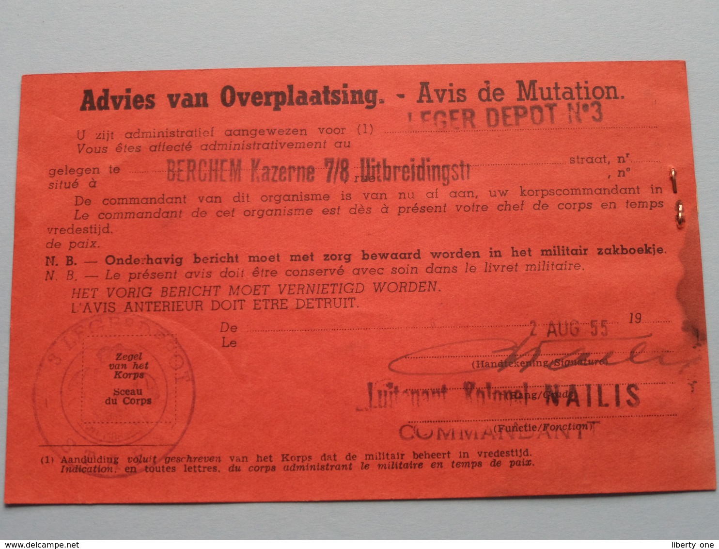 Avis De MUTATION - Advies Van Overplaatsing ( De Coster J.P. / Tervueren ) 1955 ( Zie Foto's ) ! - Dokumente