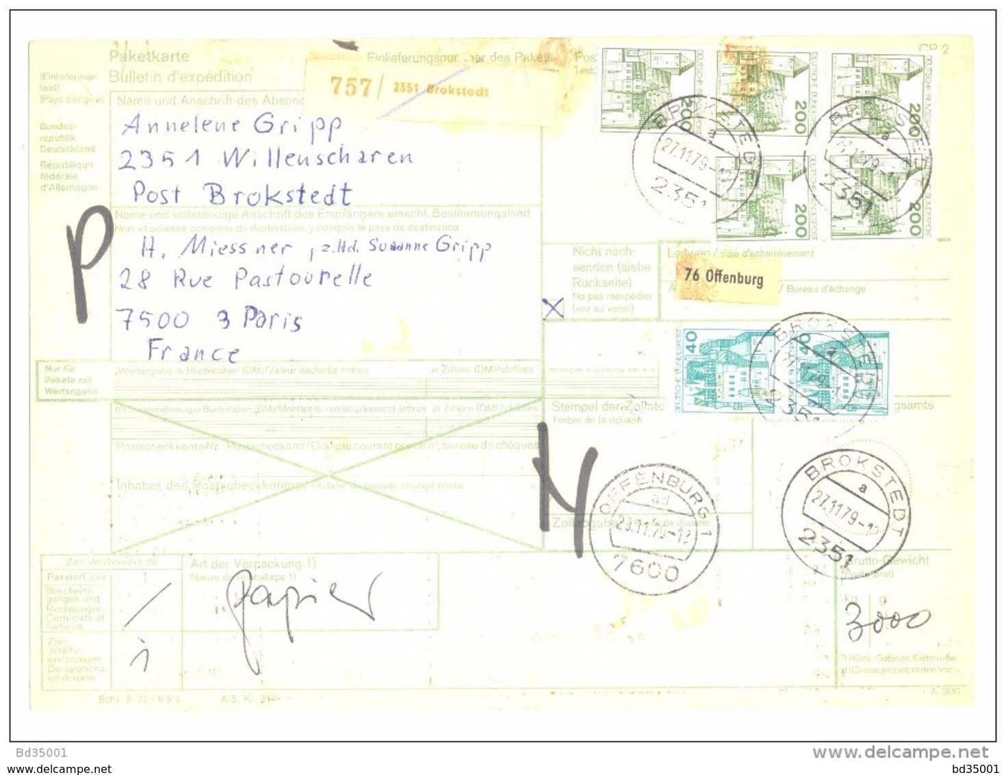 Bulletin D'Expédition / Paketkarte - Allemagne - Cachets Offenburg 1 Et Brokstedt - 1979 - Envoi Vers Paris - Briefe U. Dokumente