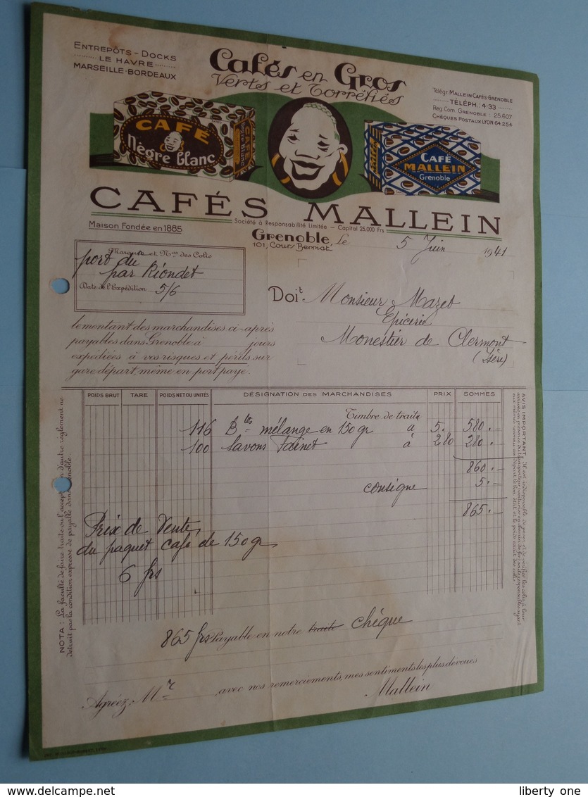 Cafés En Gros " Cafés MALLEIN " à GRENOBLE () 1941 ( Voir Photo Svp ) ! - Alimentaire