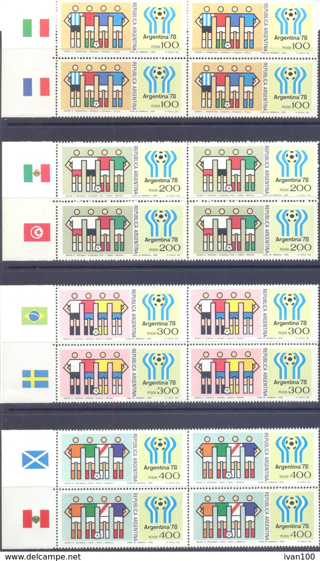 1978. Argentina, World Football Cup Argentina'78, 4 Sets In Blocks Of 4v With Labels, Mint/** - Nuevos