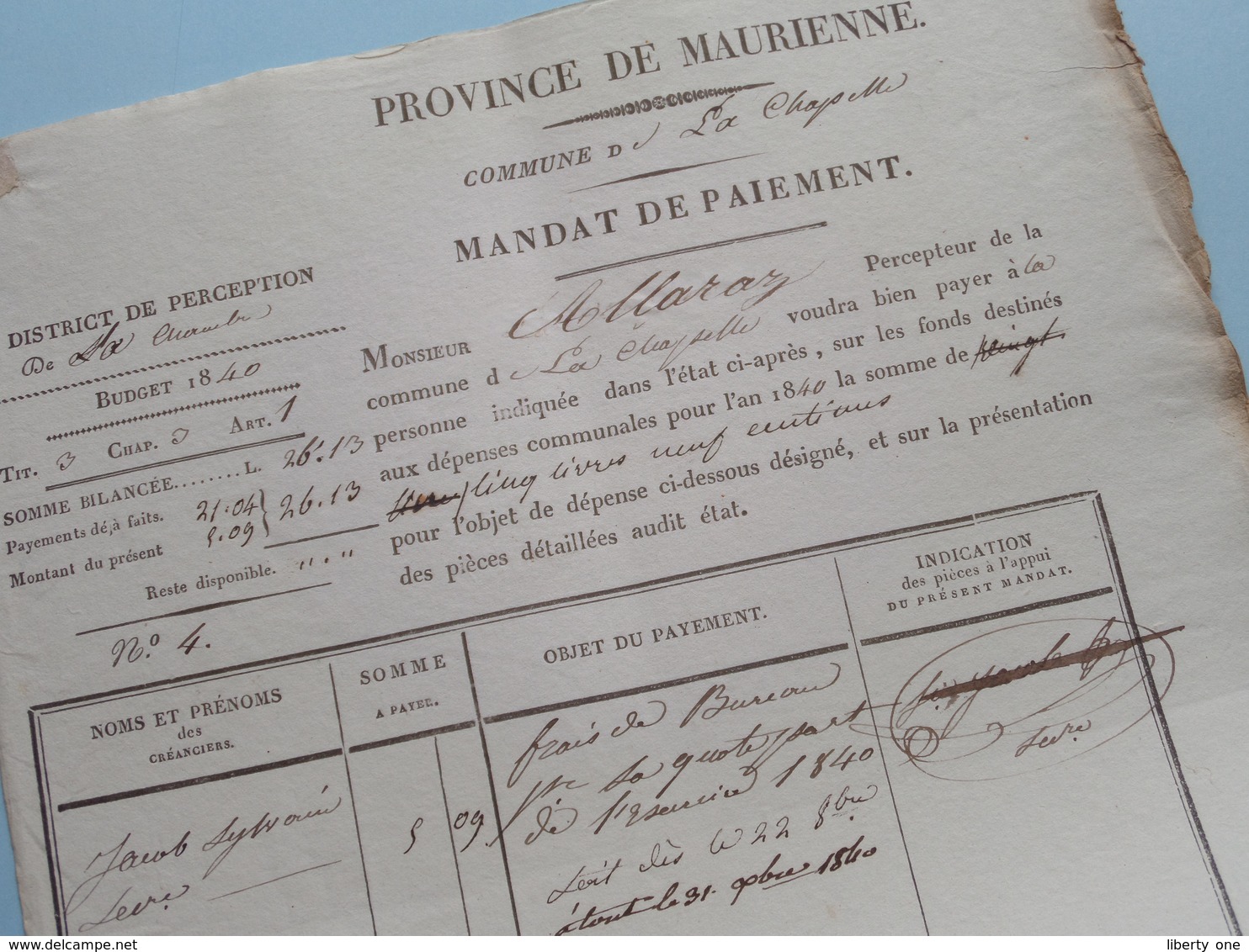 MANDAT De PAIEMENT Province De MAURIENNE Commune De La CHAPELLE  () 1841 ( Voir Photo Svp ) ! - 1800 – 1899