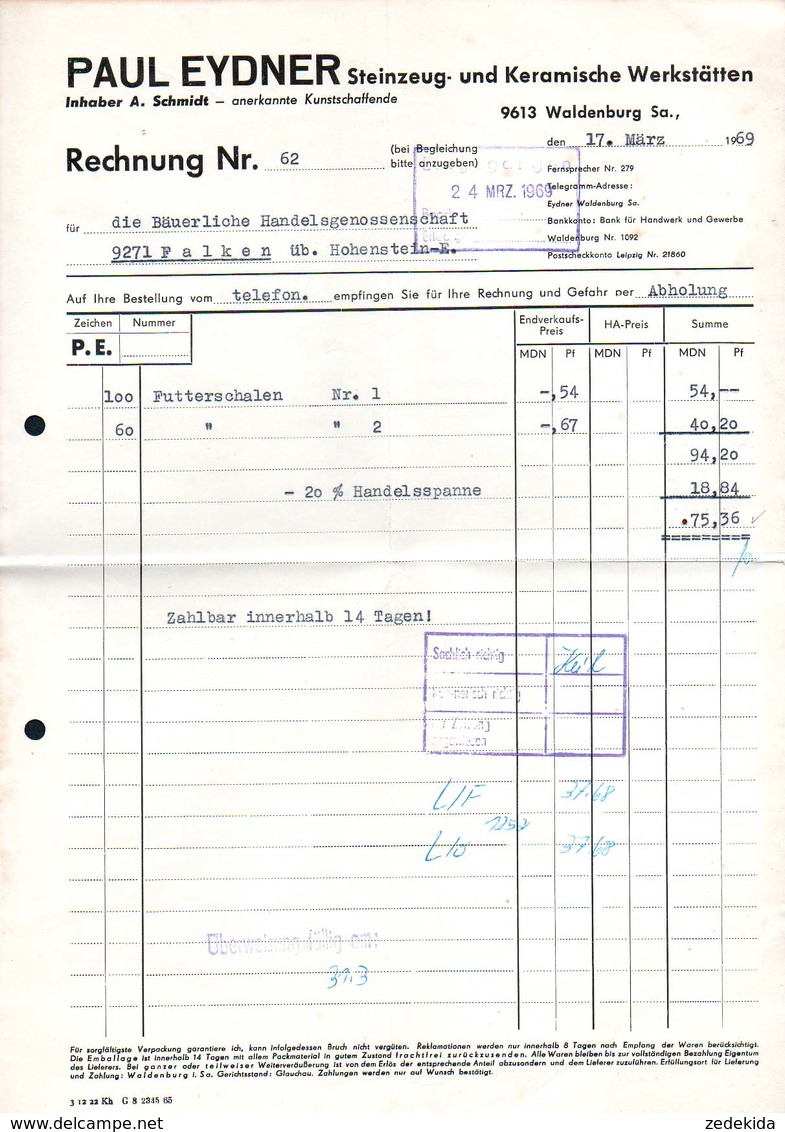 B4868 - Waldenburg - Paul Eydner - Steinzeug Keramik - Rechnung - 1950 - ...