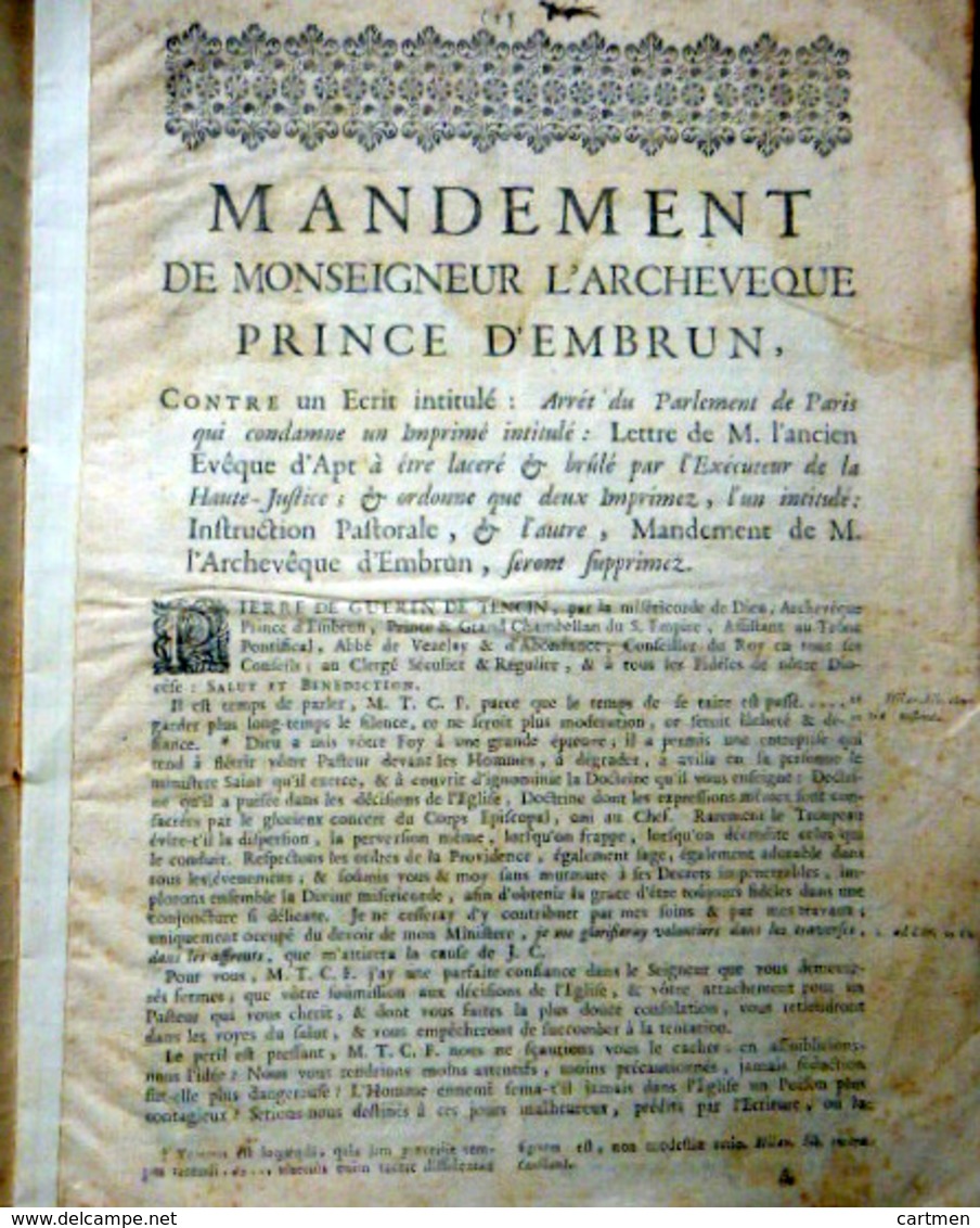 05 HAUTES ALPES TRES RARE  MANDEMENT DE L'ARCHEVEQUE D'EMBRUN CONTRE UN ECRIT  QUEYRAS BRIANCONNAIS DURANCE 1731 - 1701-1800