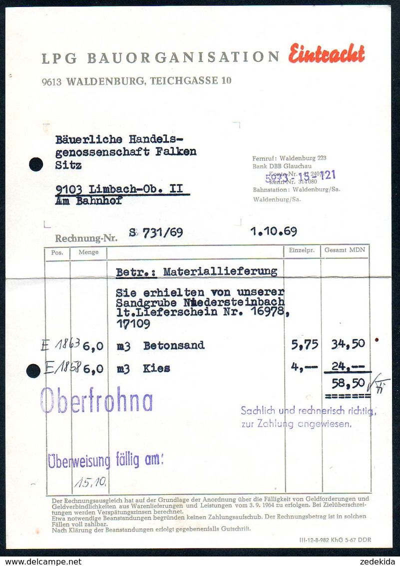 B4870 - Waldenburg - LPG Bauorganisation Eintracht - Rechnung - Beton Sand - 1950 - ...