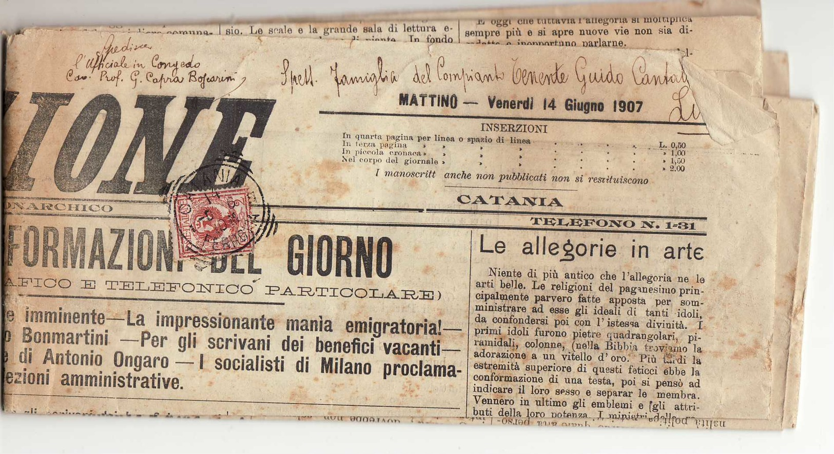 L561 01 CATANIA X LUGO - L'AZIONE 14 GIUGNO 1907 - Giornale Completo - Marcophilie