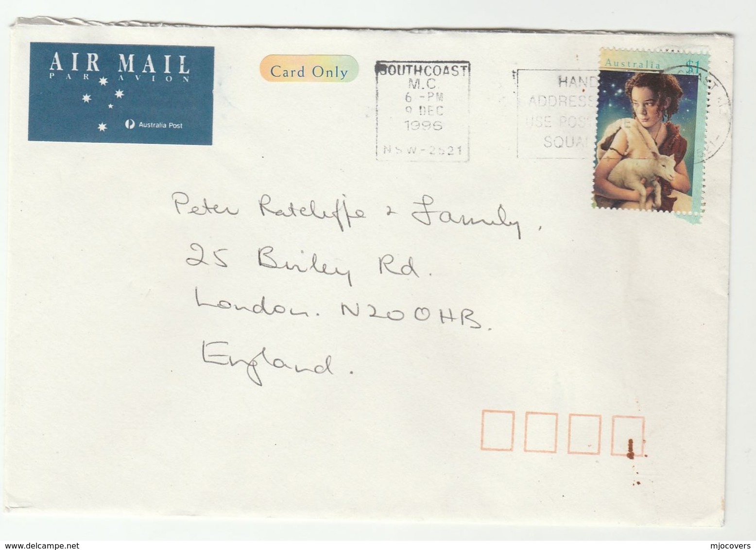 1996 Air Mail AUSTRALIA COVER  $1 CHRISTMAS SHEEP Stamps To GB - Covers & Documents