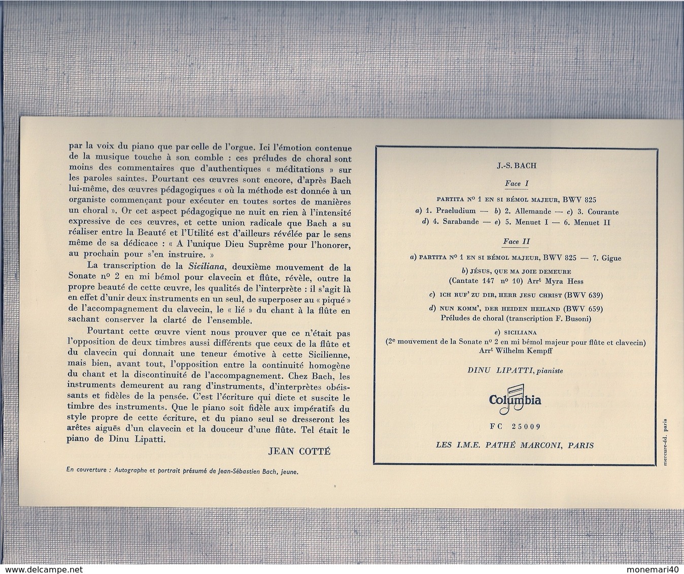 BACH - PARTITA N° 1 * Jésus, Que Ma Joie Demeure Et 2 * Préludes De Choral * Siciliana - DINU  LIPPATI (Columbia) - Classique
