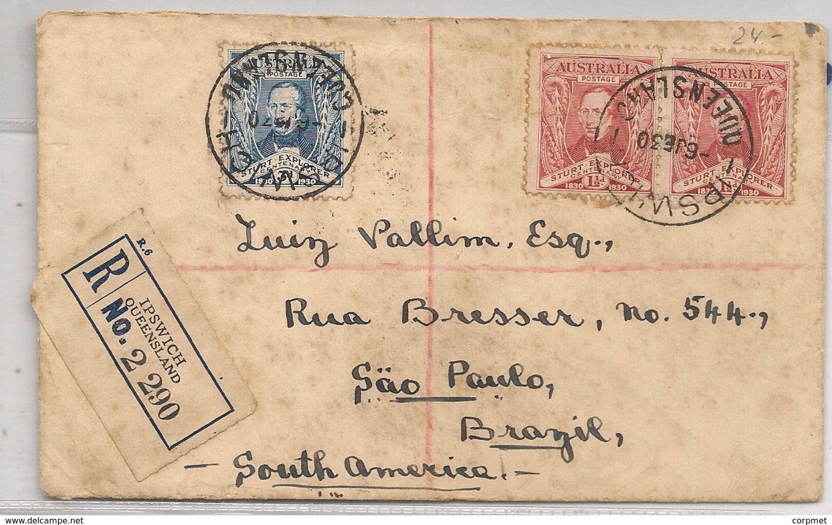 AUSTRALIA - 1930 Vf REGISTERED COVER Charles Sturt Set Yvert # 68 (x2) /69 From IPSWICH, QUEENSLAND To SAO PAULO, BRAZIL - Storia Postale