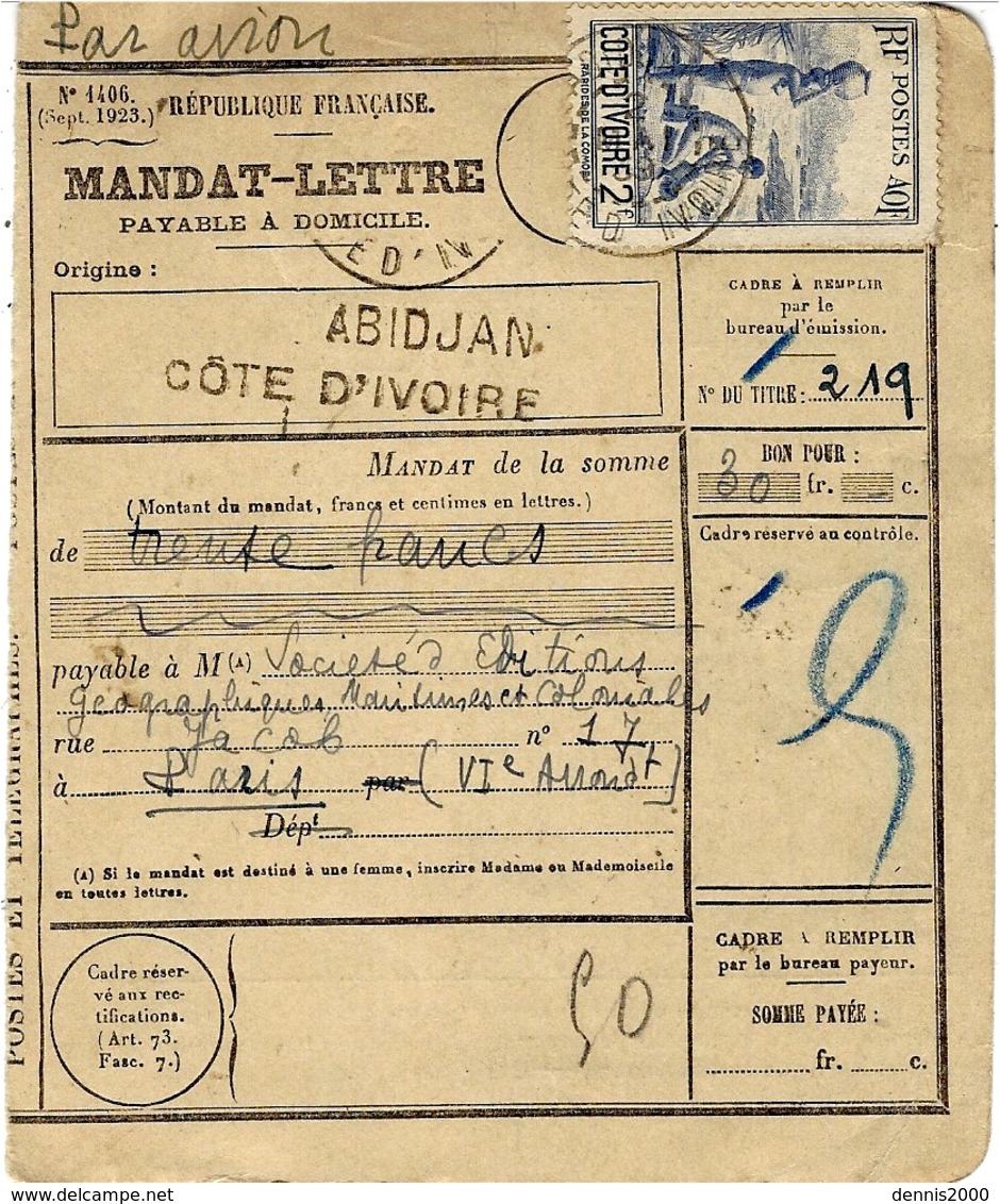 1939 - MANDAT-LETTRE  De 30 F  D' Abidjian   Taxe 2 F.  " Par Avion " - Lettres & Documents