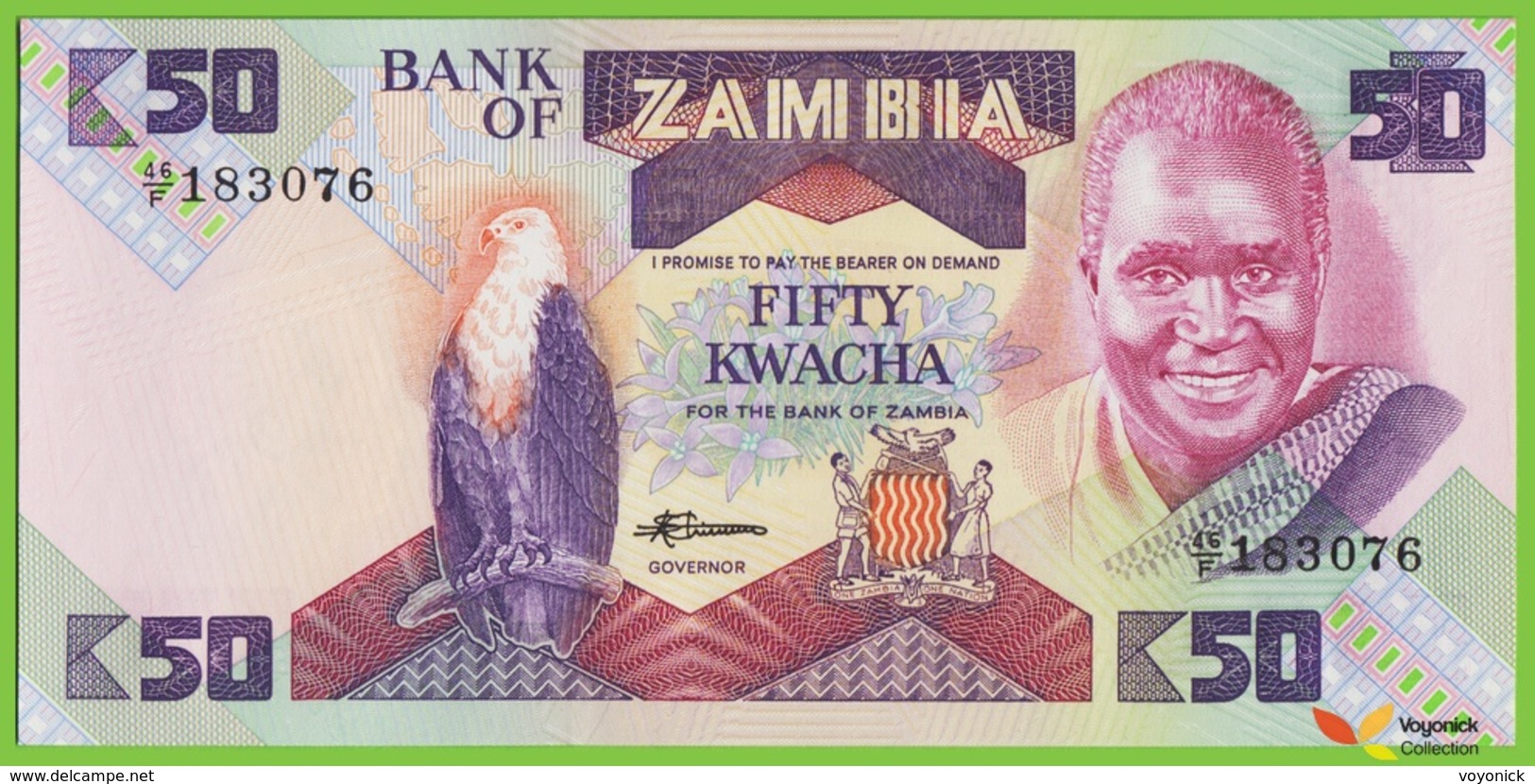 Voyo ZAMBIA 50 Kwacha ND(1986) P28a B129a UNC Prefix 46/F Fish Eagle - Zambia