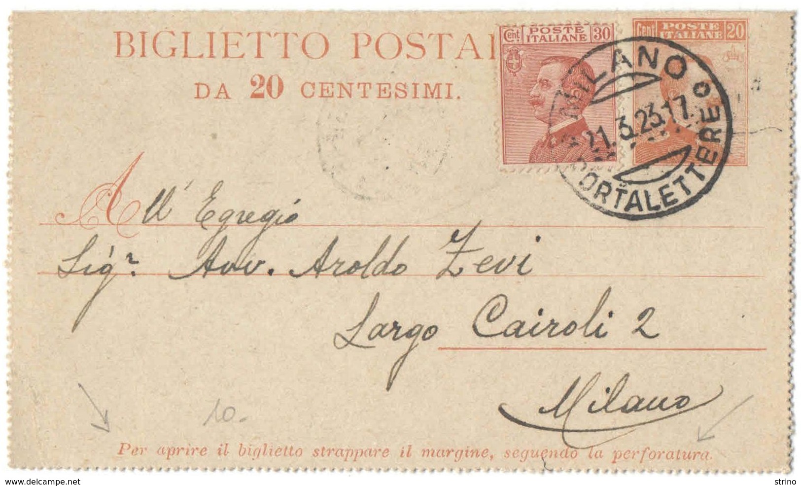 R977) V.E.III BIGLIETTO POSTALE 20 C. MICHETTI 1922 VIAGGIATO. VARIETA' SCRITTE SOPRA LA PERFORATURA - Interi Postali