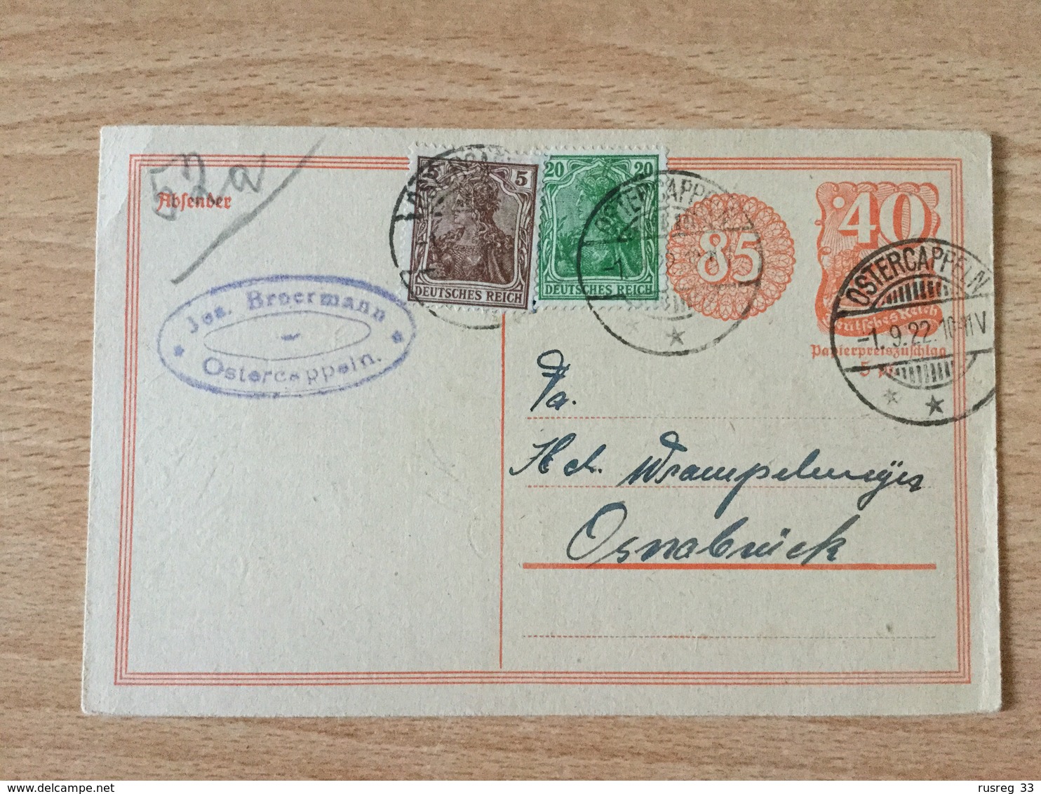 K5 Deutsches Reich Ganzsache Stationery Entier Postal P 153I Von Osterkappeln Nach Osnabrück - Sonstige & Ohne Zuordnung