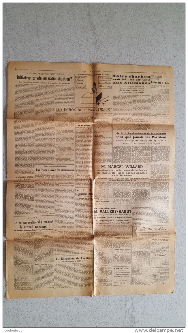 LE  FRANC TIREUR 28 AOUT 1944 LE RAVITAILLEMENT DE PARIS 1 FEUILLE - Autres & Non Classés