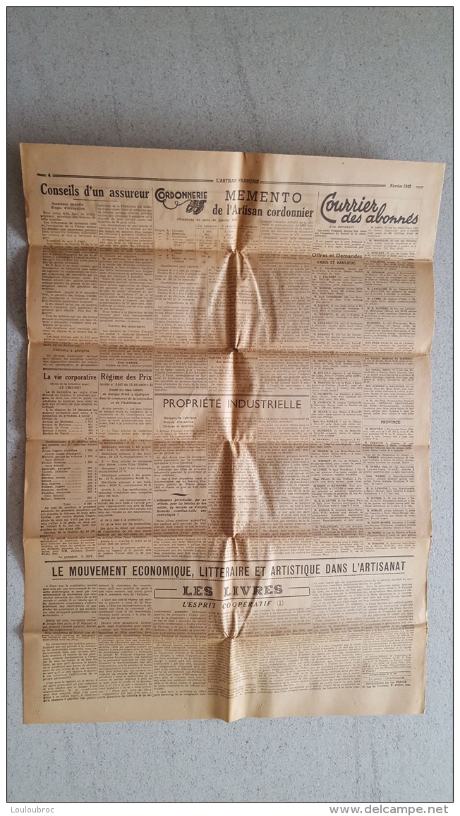 JOURNAL L'ARTISAN FRANCAIS 01 FEVRIER 1943  DOUBLE  FEUILLE - Autres & Non Classés
