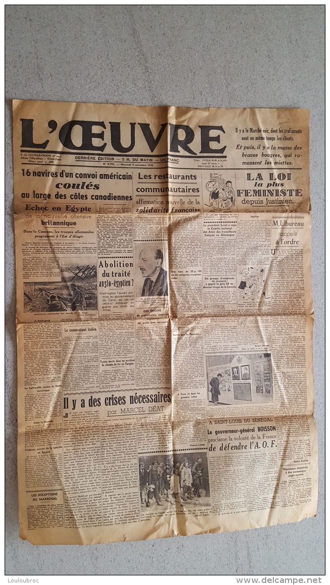 JOURNAL L'OEUVRE 4 NOVEMBRE 1942  16 NAVIRES  D'UN CONVOI AMERICAIN COULES  1  FEUILLE - Other & Unclassified