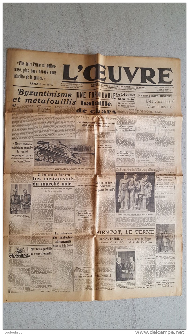 L'OEUVRE  11 JUILLET 1943  BATAILLE DE CHARS DANS LES LIGNES SOVIETIQUES  DOUBLE FEUILLE - Other & Unclassified