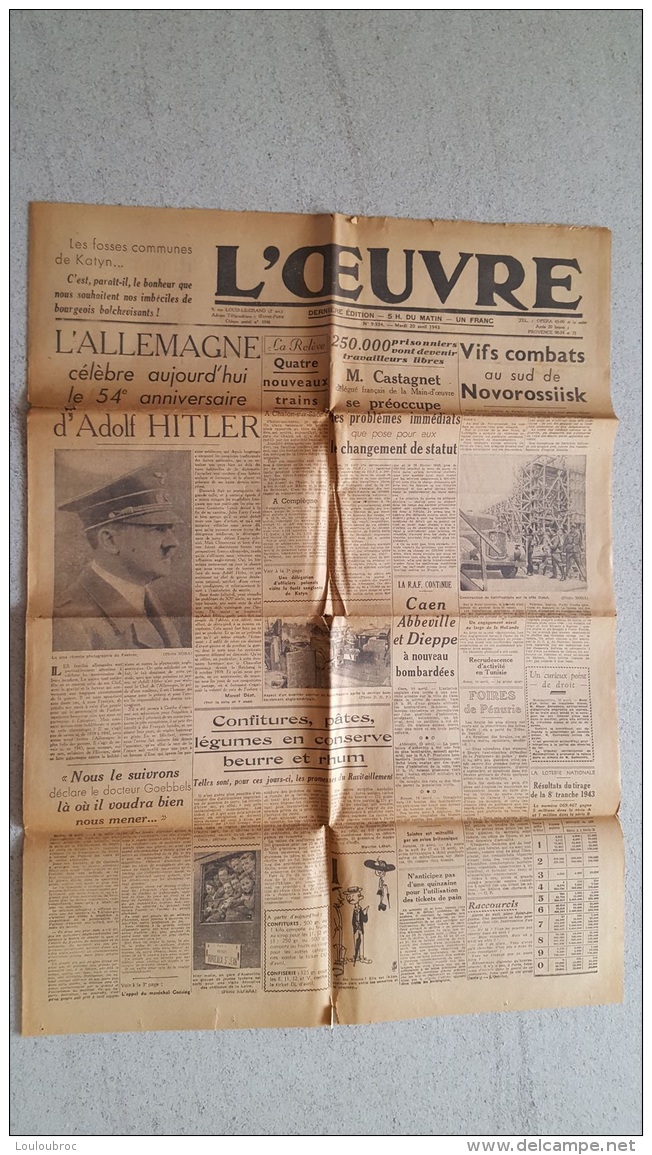 L'OEUVRE  20 AVRIL 1943  LES 54 ANS D'HITLER   DOUBLE FEUILLE - Autres & Non Classés